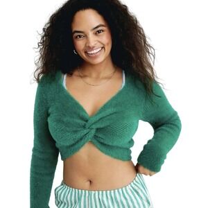 Aerie Fluffy 4 Ever Reversible‎ Twist Sweater XL Green Cozy Cropped EUC
